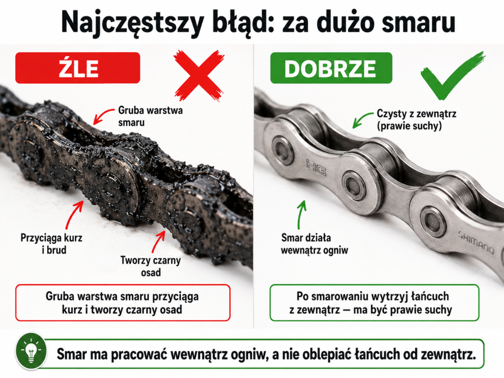 Porównanie łańcucha z nadmiarem smaru i prawidłowo wytartego po smarowaniu