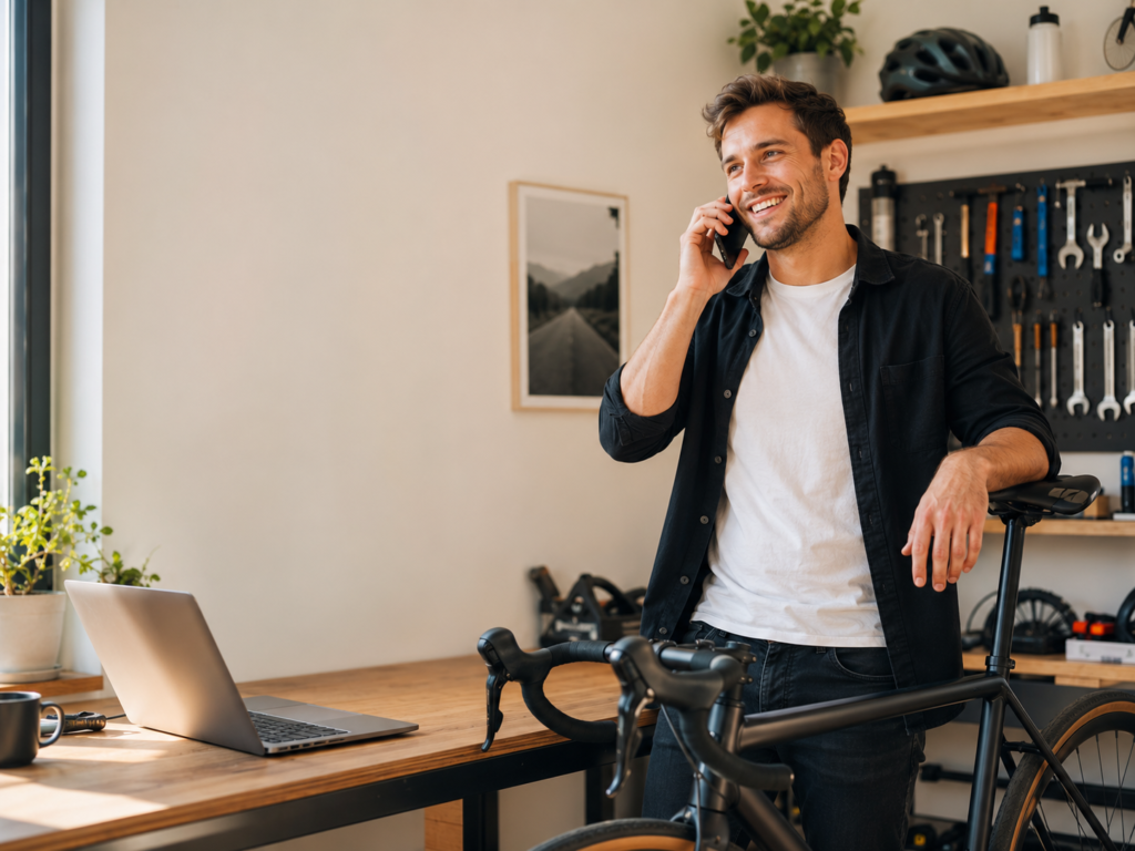 mężczyzna rozmawia przez telefon, trzymając rower