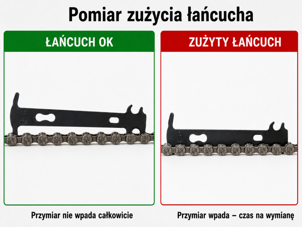 Porównanie pomiaru sprawnego i zużytego łańcucha przymiarem 0,75