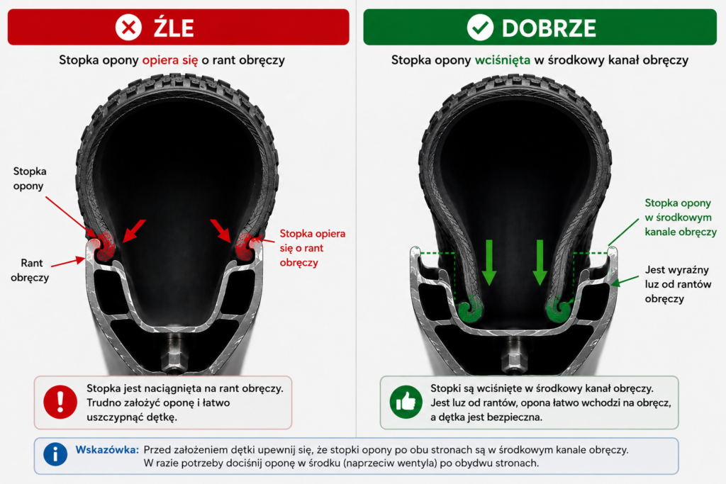 Stopka opony przy rancie i w środkowym kanale obręczy podczas montażu