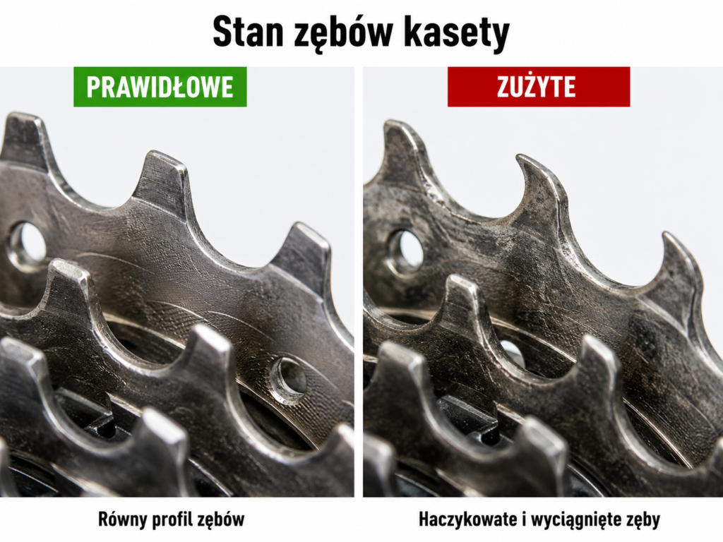 Porównanie prawidłowych i haczykowato zużytych zębów kasety rowerowej