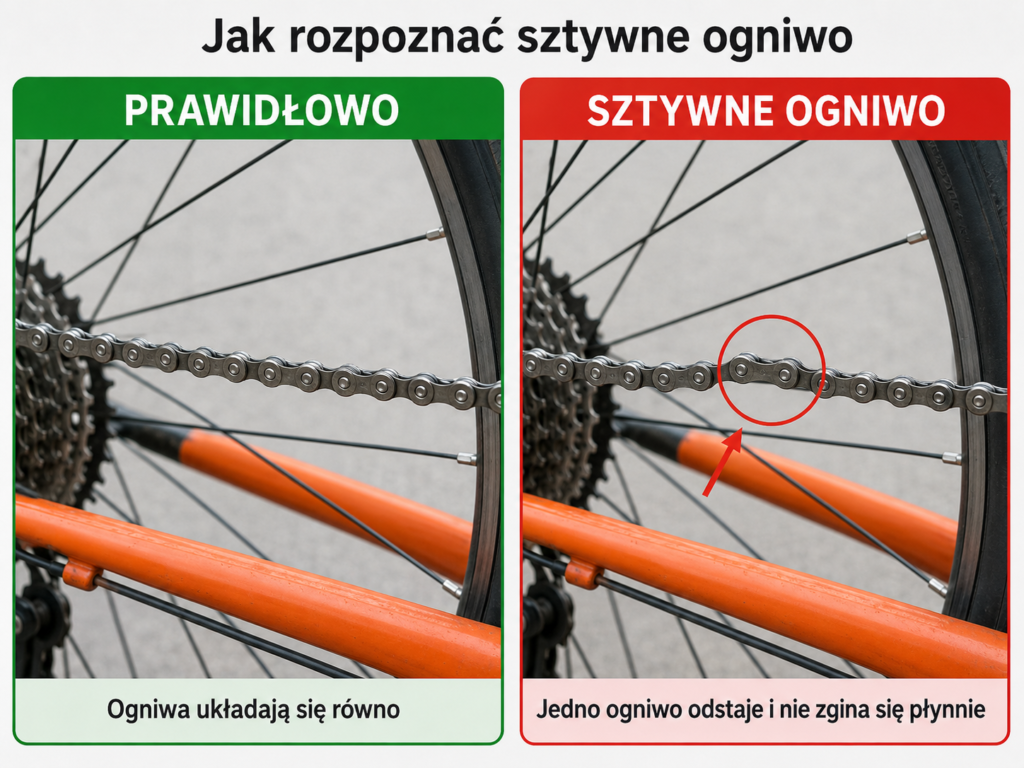 Porównanie prawidłowo ułożonego łańcucha i odstającego sztywnego ogniwa